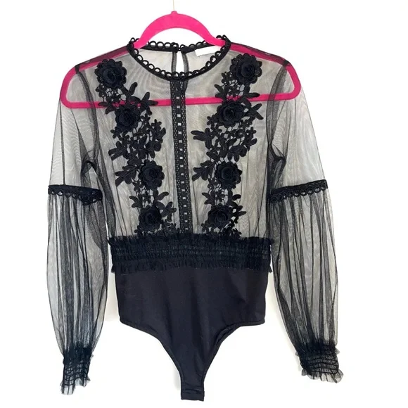 Vera's Lucy Black Mesh & Lace Detail Blouse Bodysuit. Vintage Couture! - Picture 3 of 9